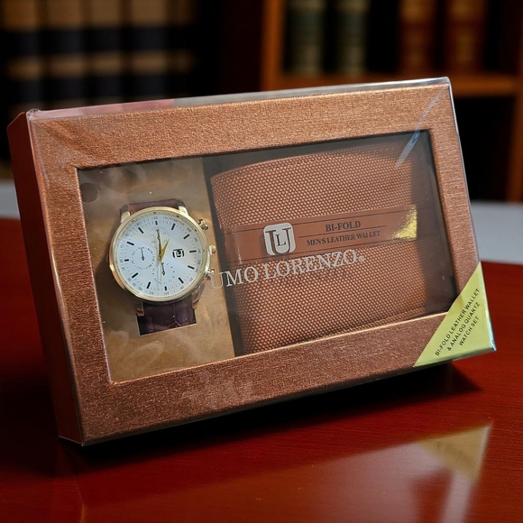 Gold Watch and Brown Leather Wallet Set - Picture 1 of 9